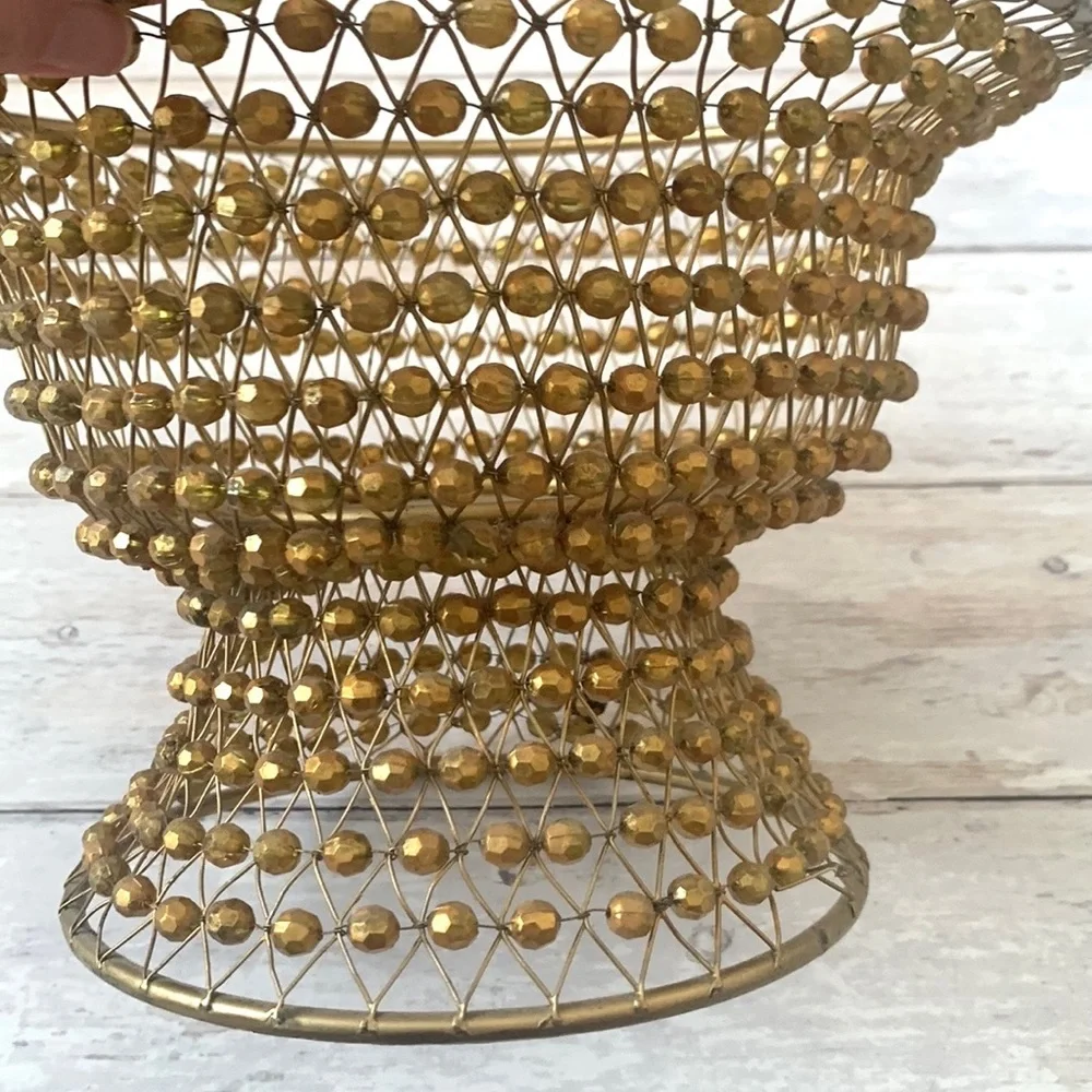 Gold Beaded Decorative Bowl Vase Home Decor Centerpiece 10in Wide x 7in Tall